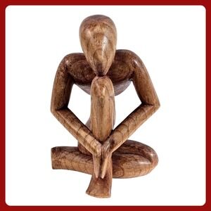 Modernist Solid Wood Thinker Sculpture Hand Carved Seated Human Figure 12″ EUC